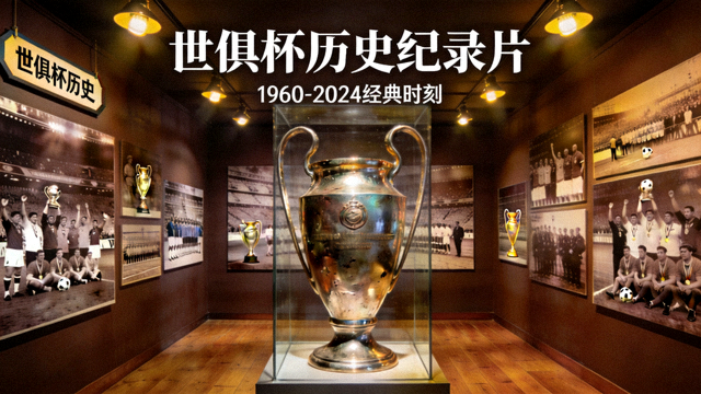 世俱杯历史纪录片封面 老照片与奖杯陈列在展厅中
